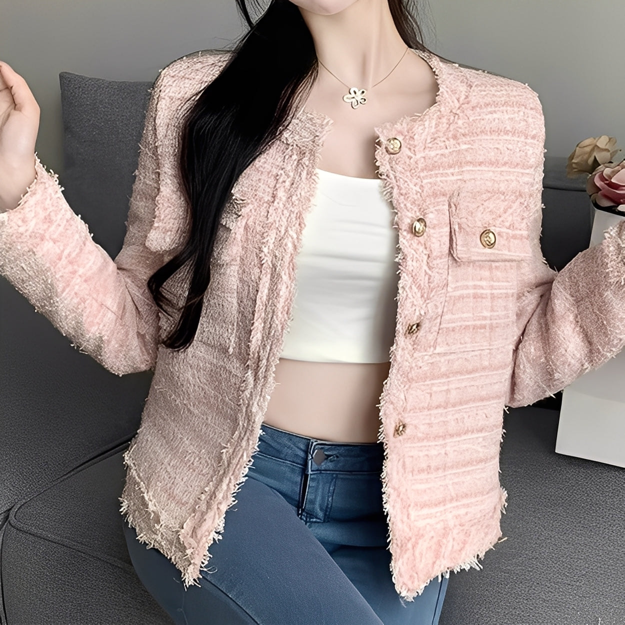 Rexanne - Moderna curta jaqueta com bolsos para mulheres