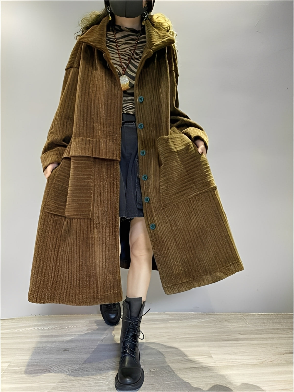 Alethea - Casual long corduroy jacket with pockets for women