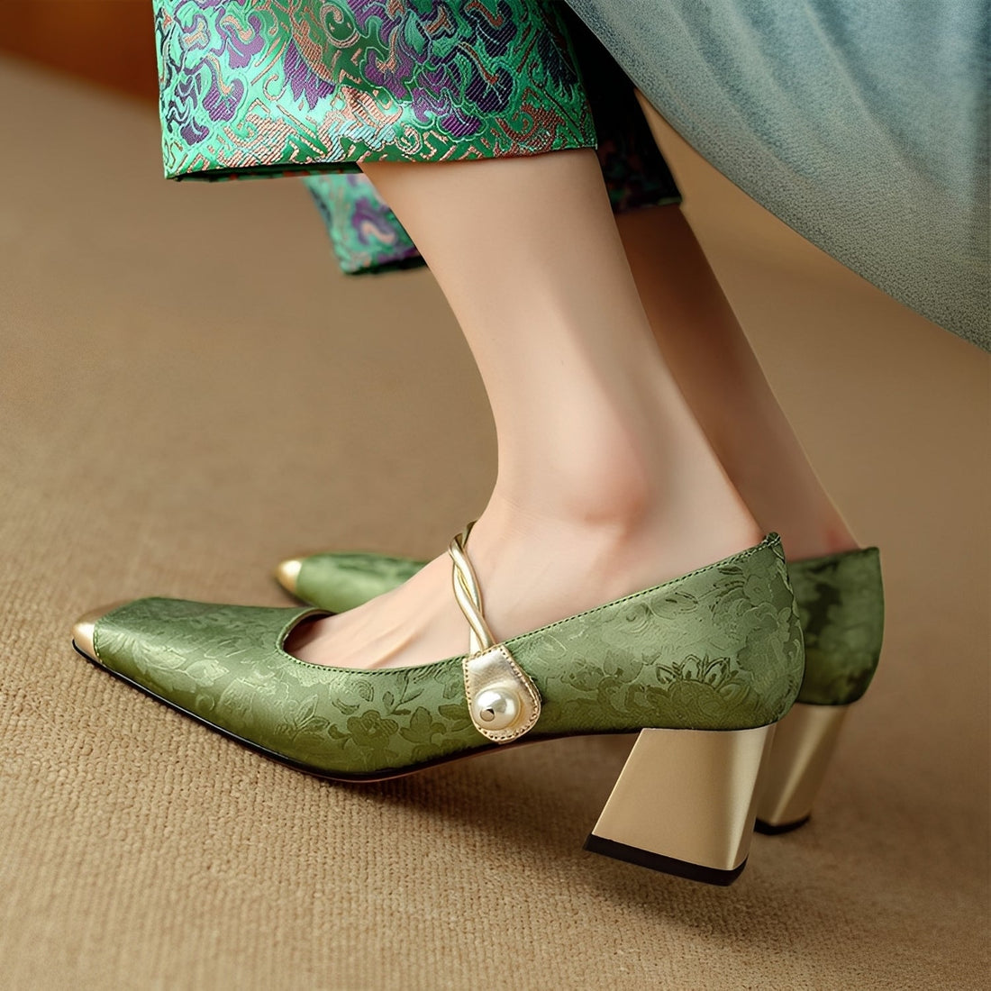 Rhonda - Elegantes sapatos de salto bloco de luxo com relevo para mulheres