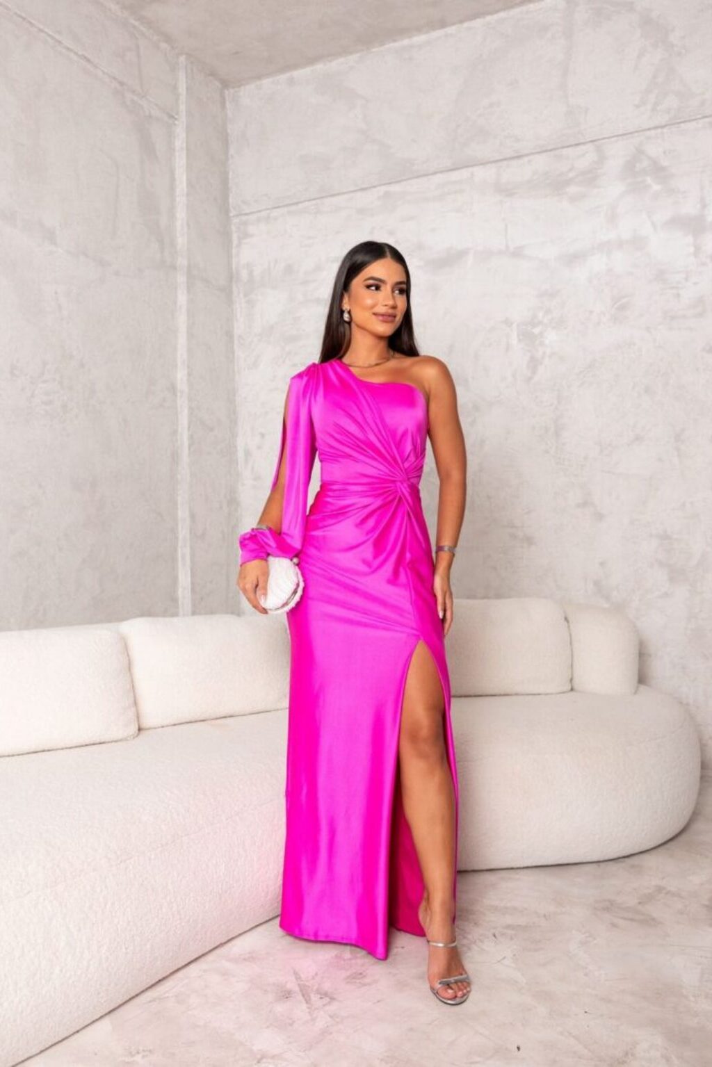 Florence – Satin dress with one bare shoulder, elegant and refined