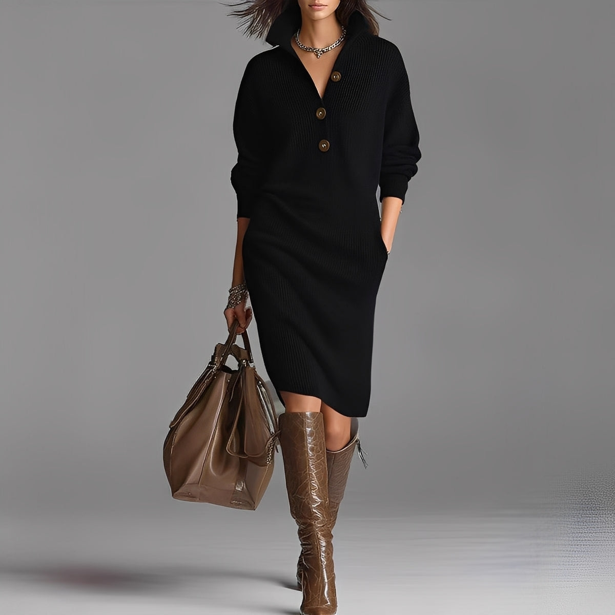 Camryn - Vestido Elegante com Botões e Gola para Mulheres