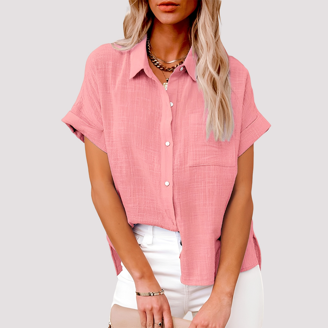 Josie - Blusa de manga curta folgada com bolso para mulheres