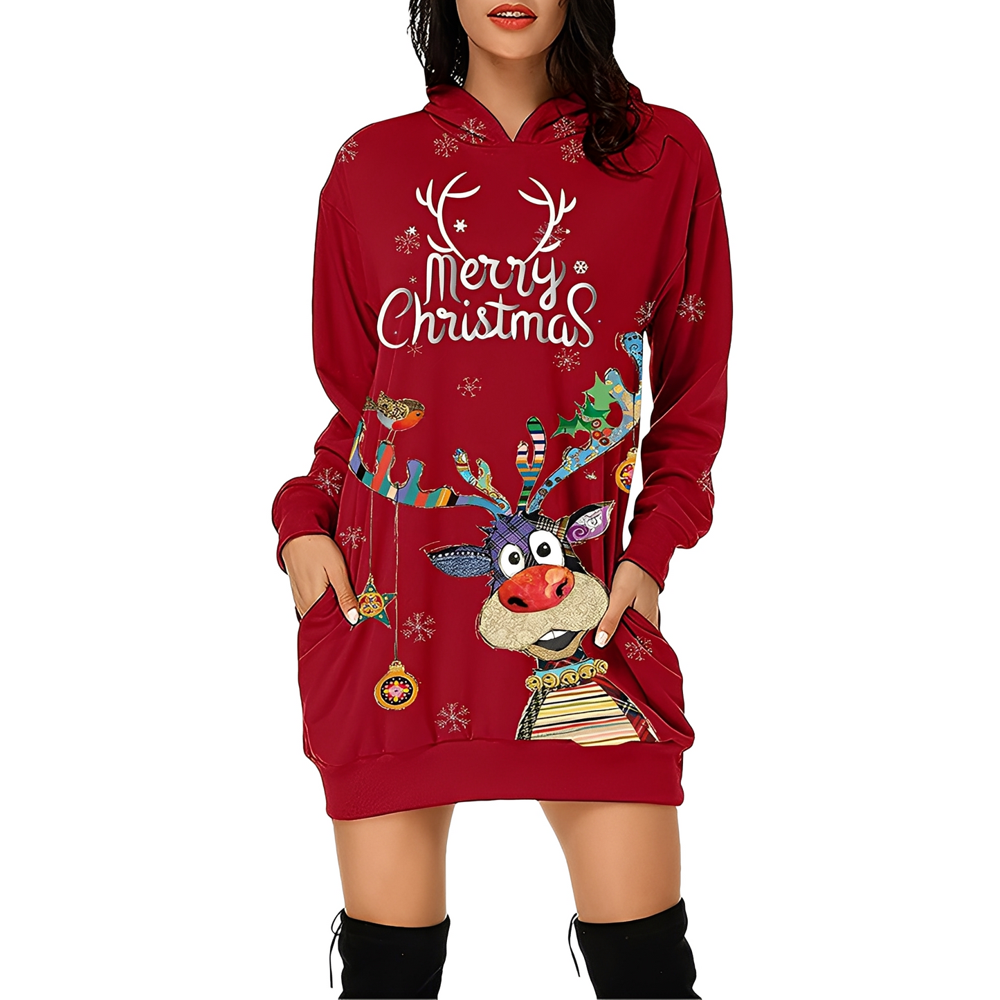 Georgia - Elegante vestido de Natal estampado com capuz para mulheres