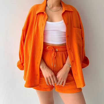 Julia - Conjunto casual com colarinho de lapela e cintura alta para mulheres