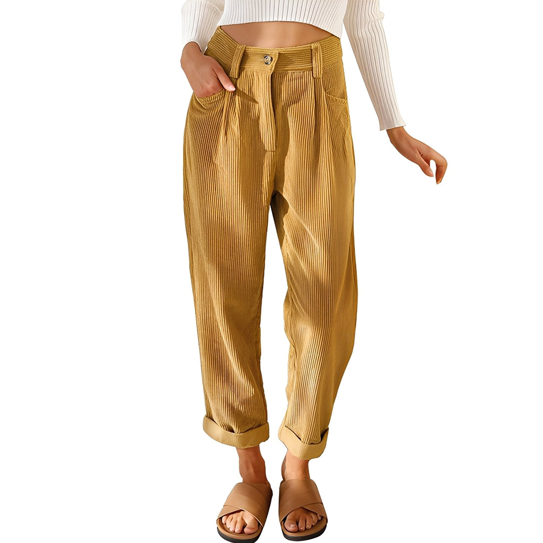 Hannah - Calça feminina casual de corduroy com cintura alta
