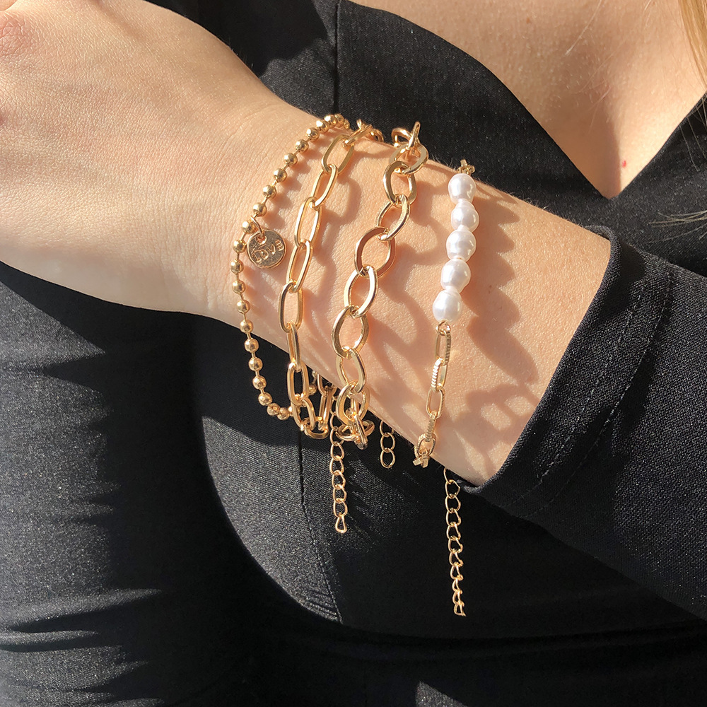 Conjunto de bracelete de pérolas douradas de 3 peças - grande conjunto de correntes