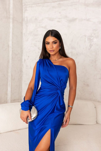 Florence – Satin dress with one bare shoulder, elegant and refined