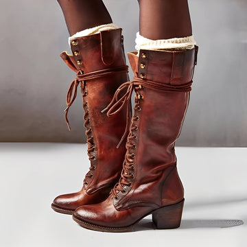 Ludivine - Botas altas com cadarços e salto quadrado para mulheres