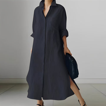 Nancy - Vestido midi solto estilo camisa com fenda para mulheres