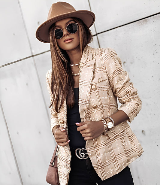 Cheri - Elegante, blazer justo com padrão xadrez para mulheres