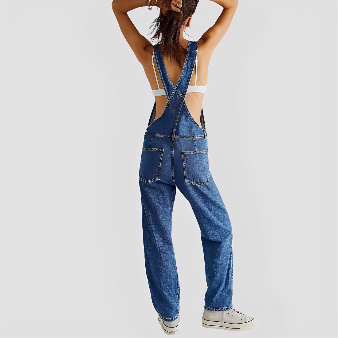 Mildred - Clássica, solta jardineira jeans para mulheres