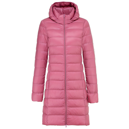 Charlotte - Elegant long feather coat with hood for women