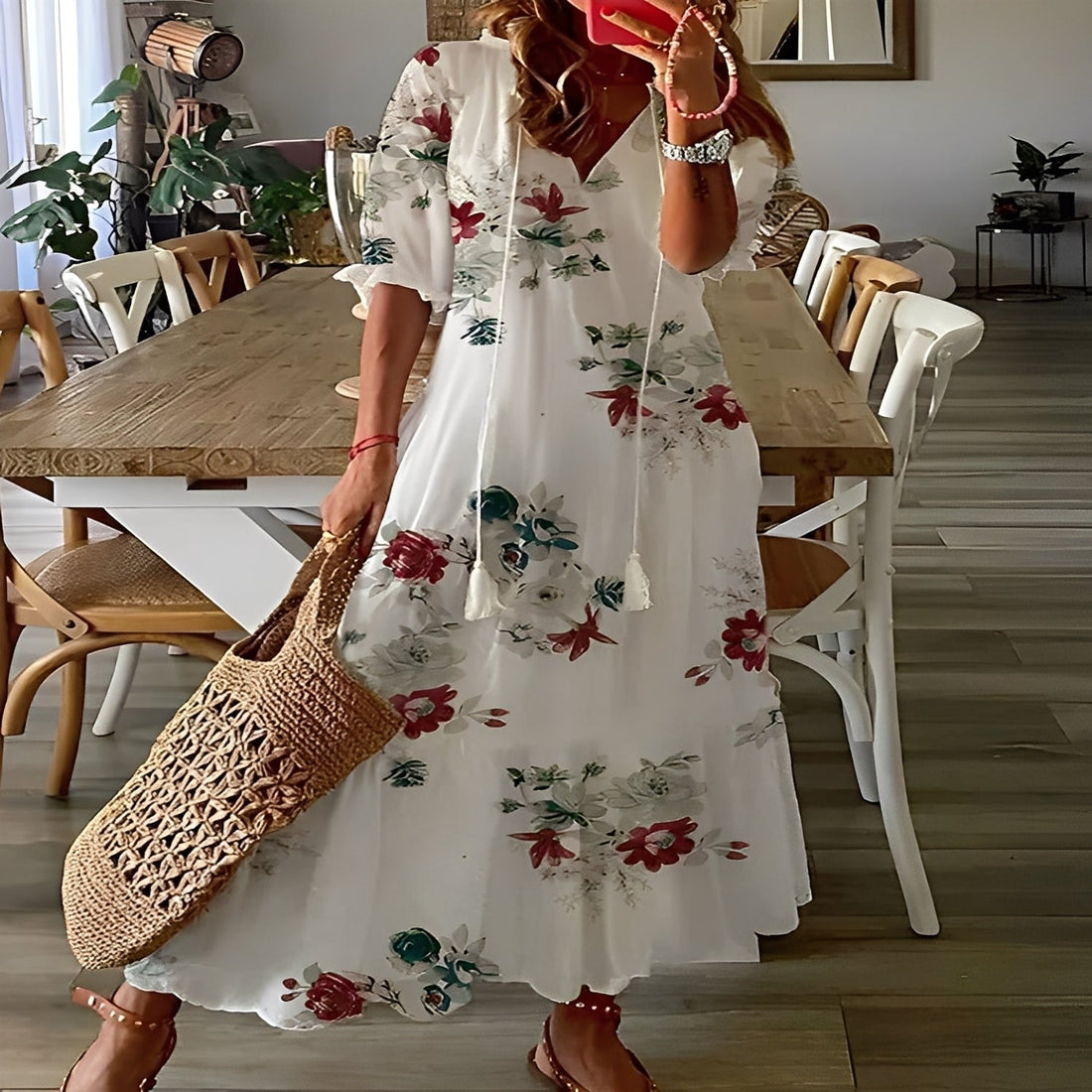 Domitille - Vestido elegante com decote em V solto para mulher