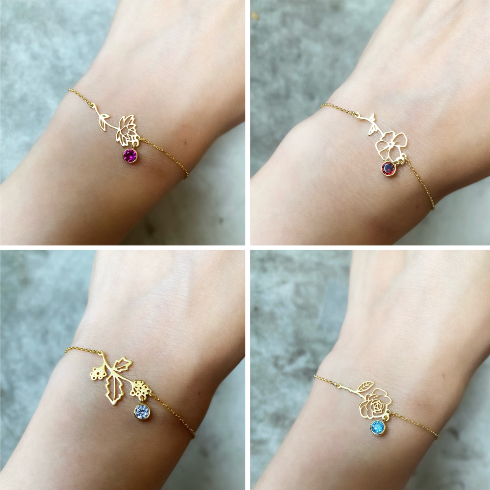 Bracelet de Festa de Aniversário - Bracelet com Pedra de Nascimento e Flor