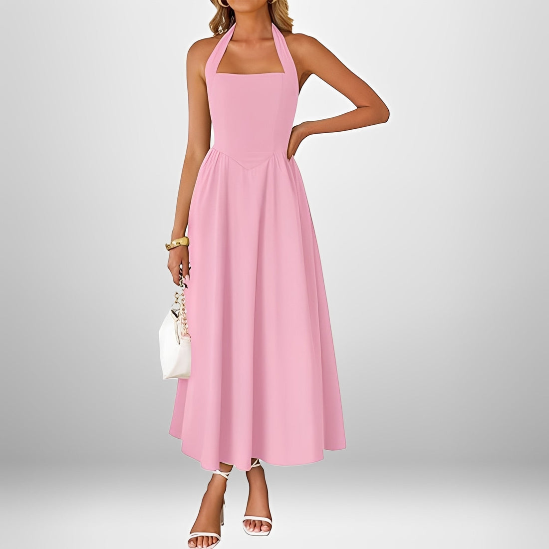 Joanna - Vestido Midi Estiloso com Gola Halter