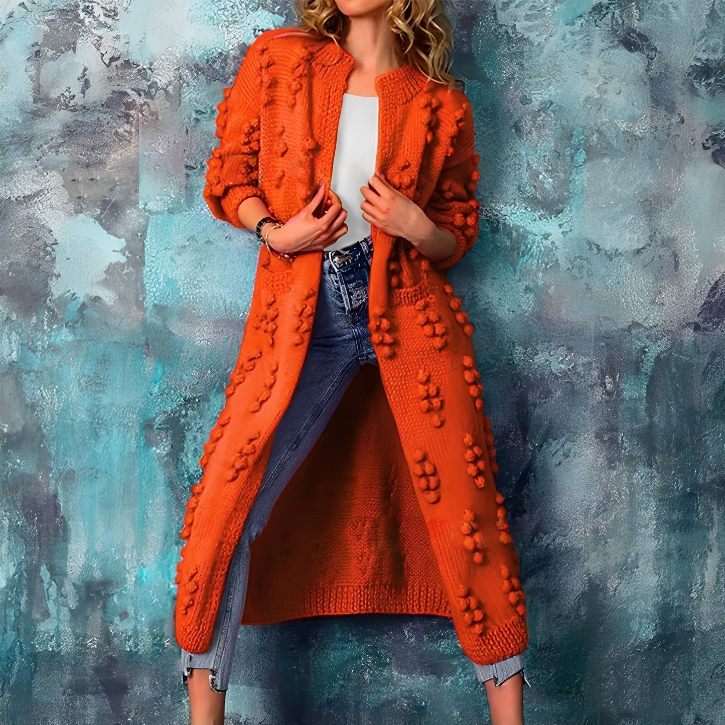 Nancy - Elegante longa cardigan com pompons para mulheres