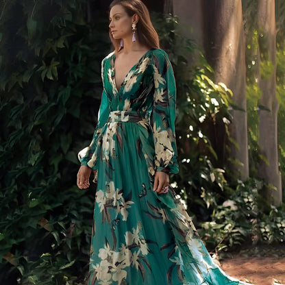 Karine - Elegantes langes Kleid mit V-Ausschnitt für Frauen