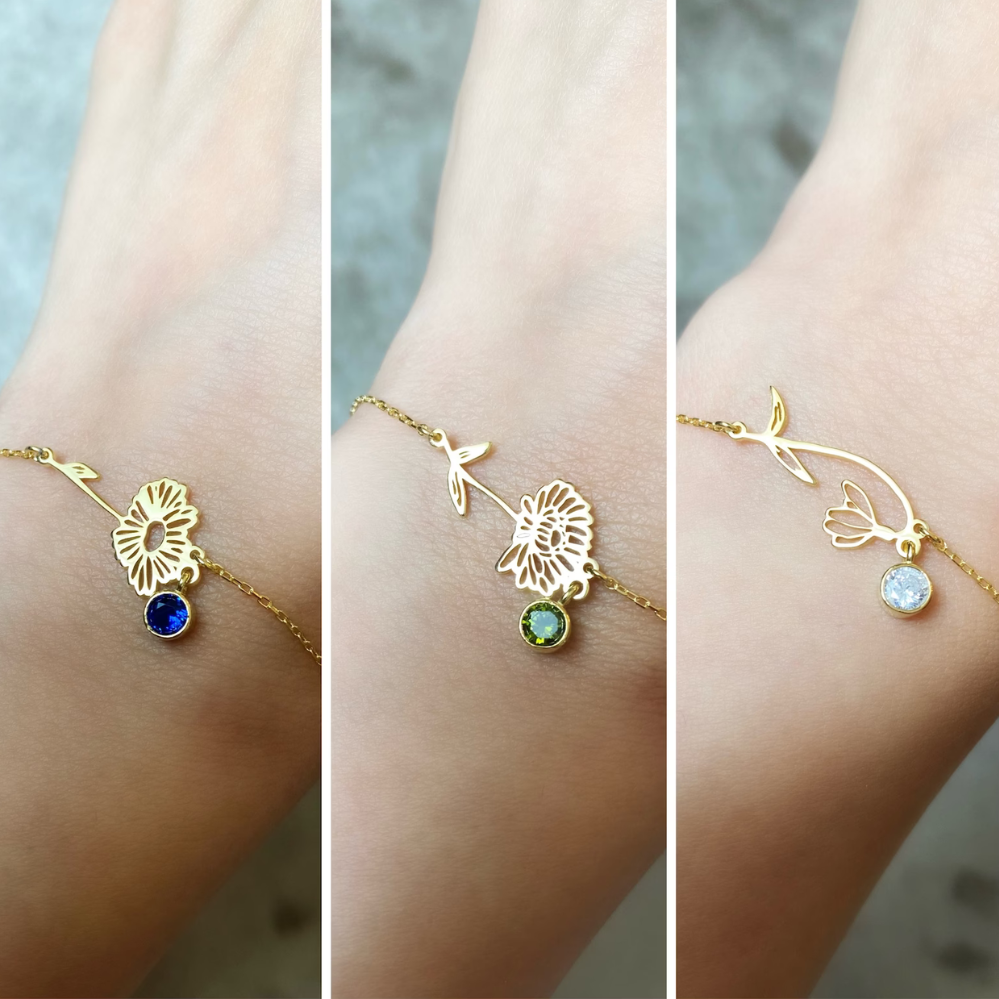 Bracelet de Festa de Aniversário - Bracelet com Pedra de Nascimento e Flor