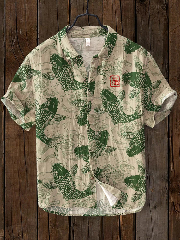 Ogie - Camisa Casual com Estampa de Peixe Vintage