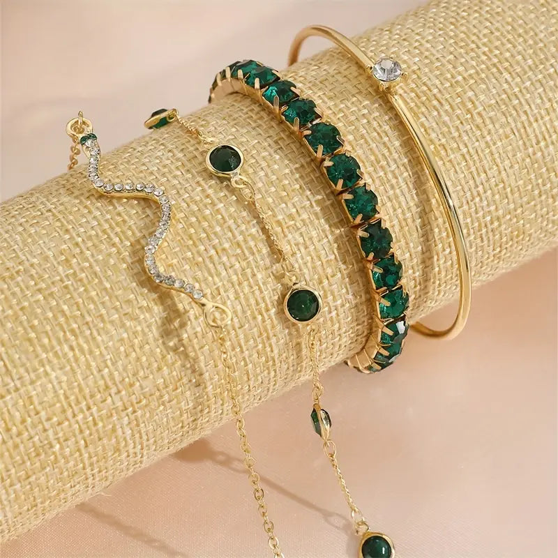 Camille – Conjunto de braceletes elegantes com pedras verdes