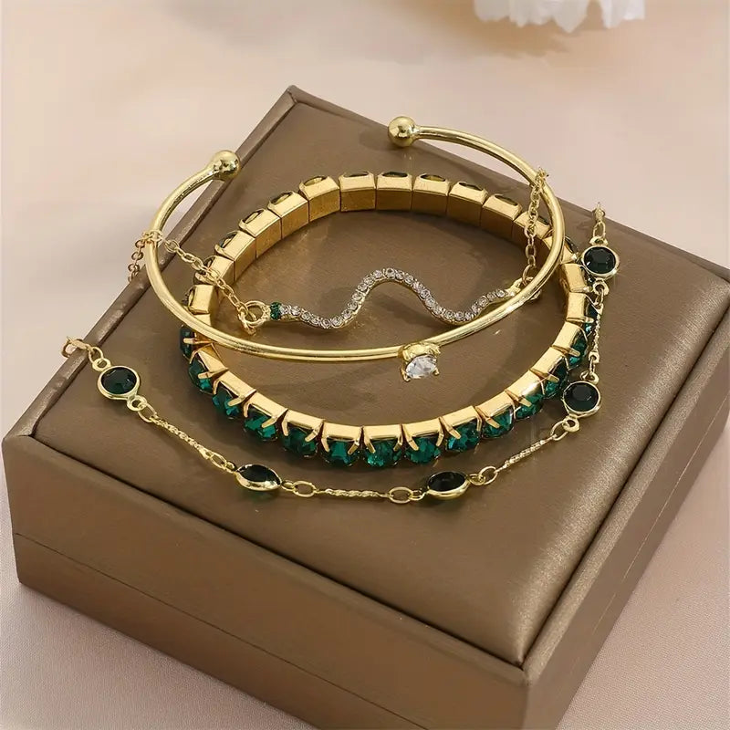 Camille – Conjunto de braceletes elegantes com pedras verdes