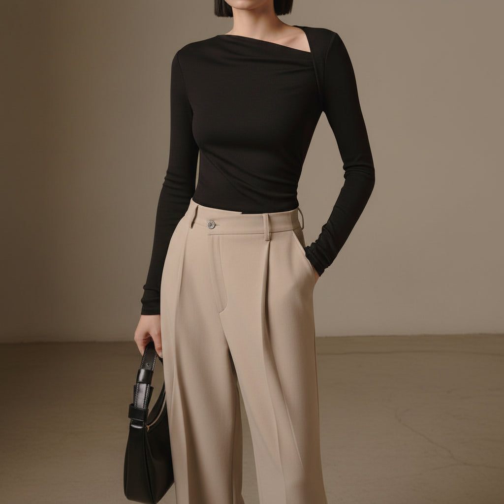 Selina – Blusa de Manga Longa Asimétrica e Canelada