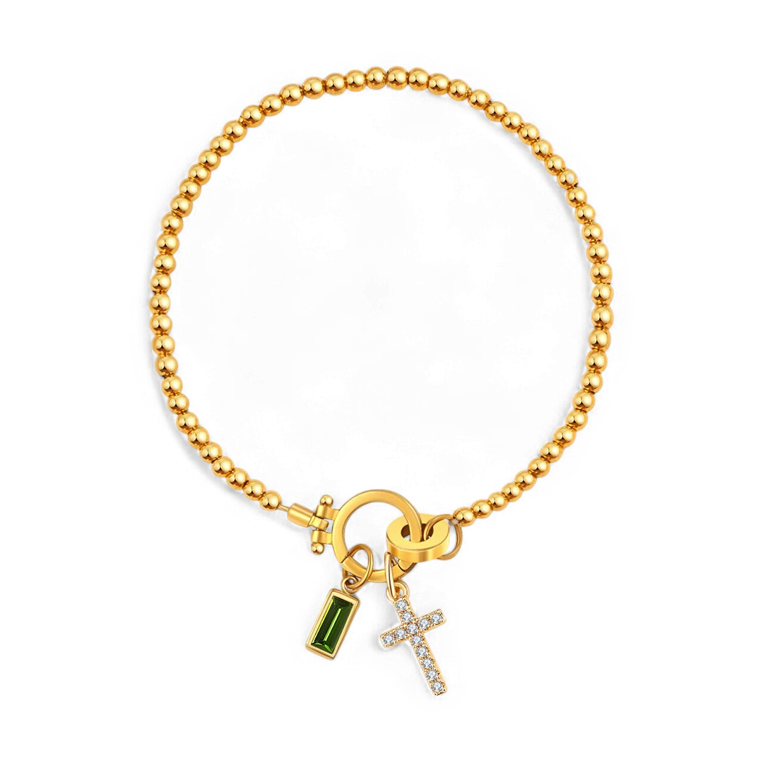 Eli – Pulseira com pedra do mês de nascimento e pendente de cruz