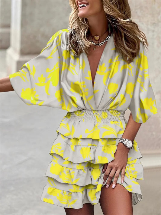 Liora – Vestido Floral com Decote V e Babados