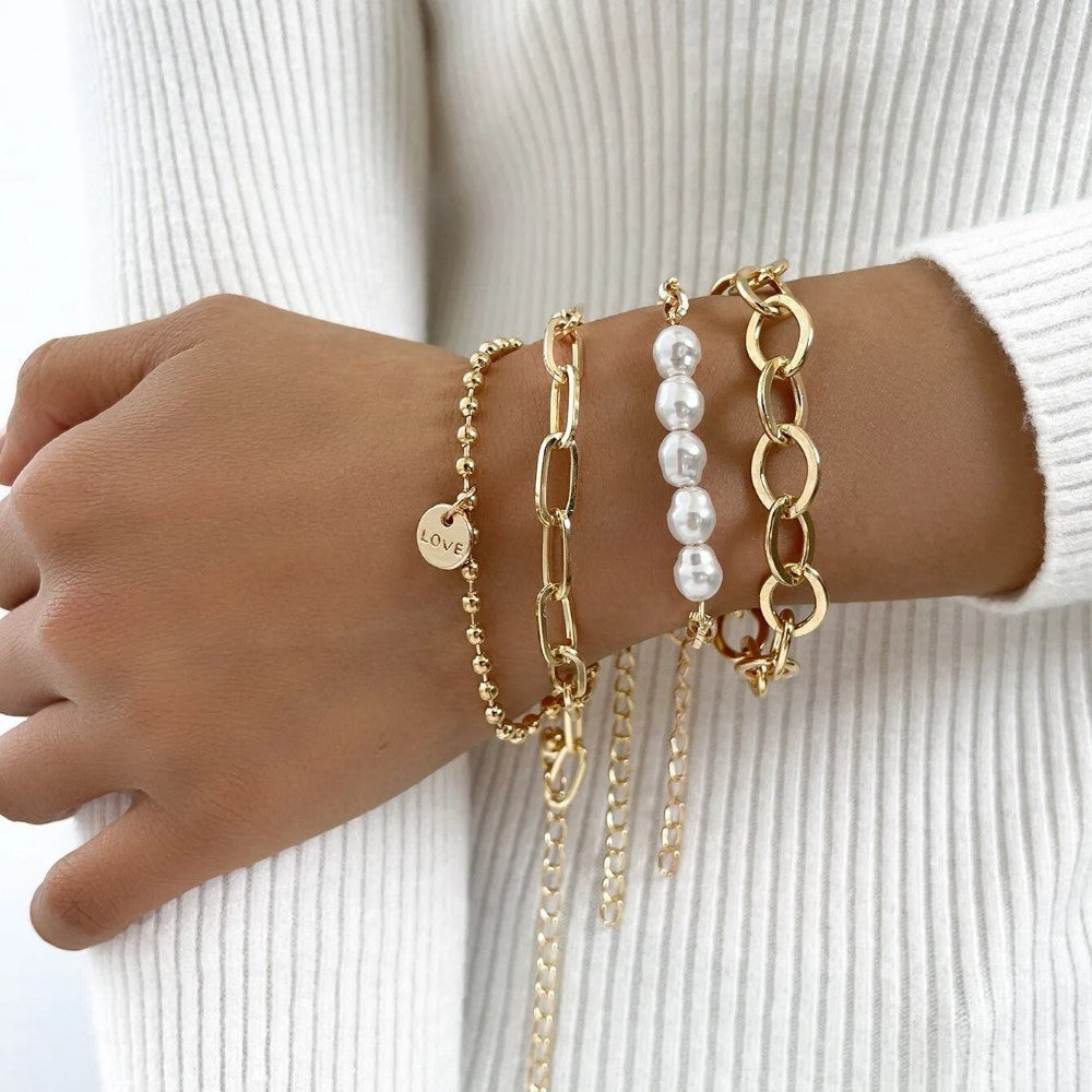 Conjunto de bracelete de pérolas douradas de 3 peças - grande conjunto de correntes