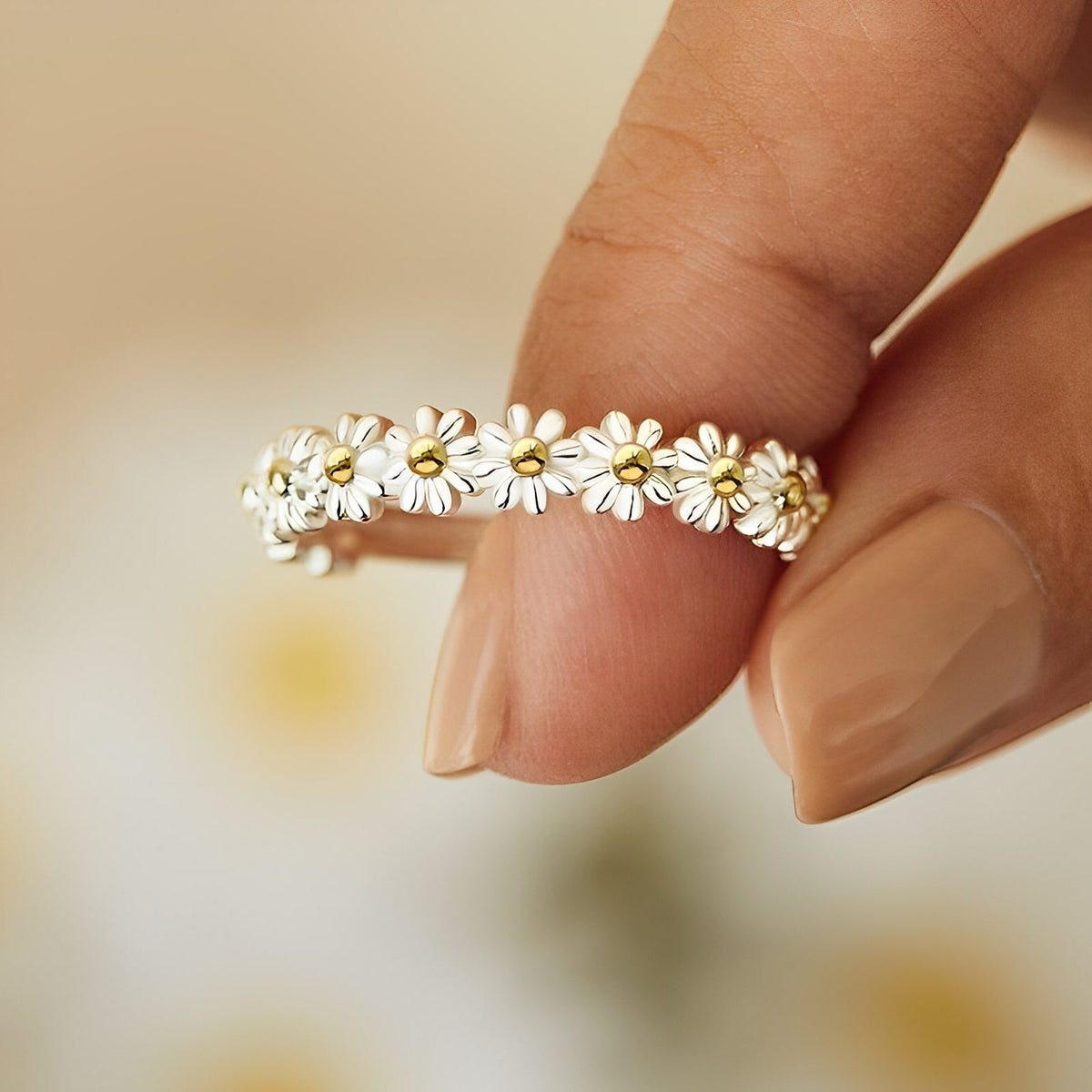 Charlie – Bague ajustável em prata com margaridas pintadas à mão