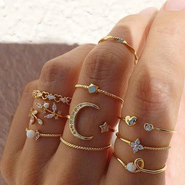 Savana – Conjunto de 10 anéis boho em tons prateados e dourados