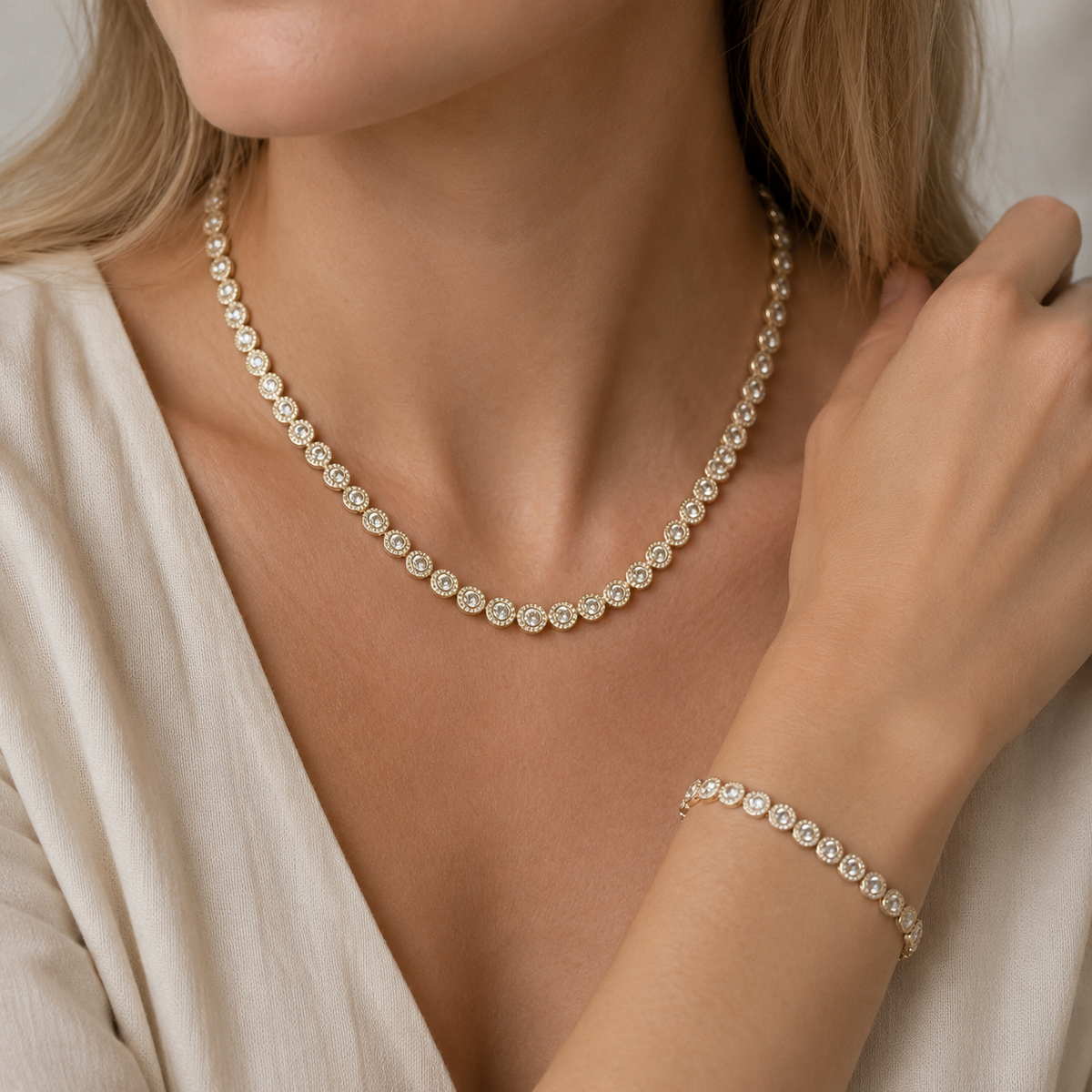 Victoria – Colar e bracelete com botão redondo brilhante