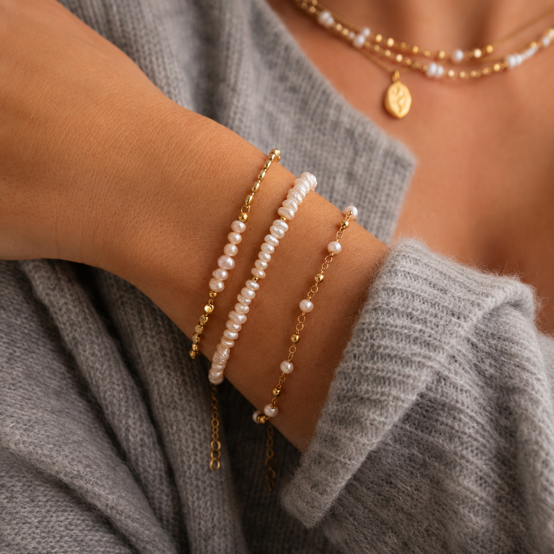 Siena - Bracelete de pérolas com cadeia de disco