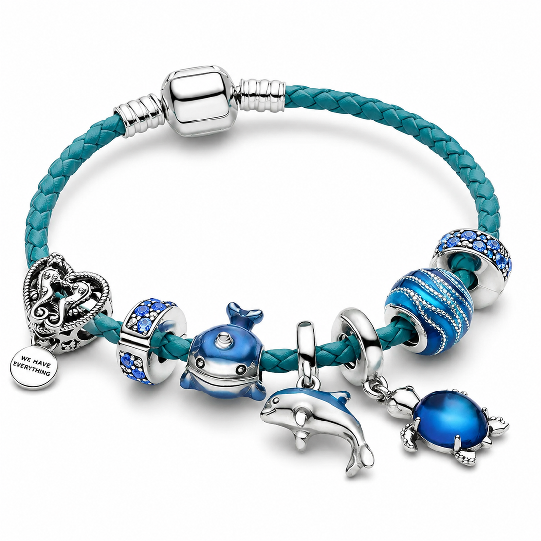Océano – bracelete em couro e prata com charms marinhos