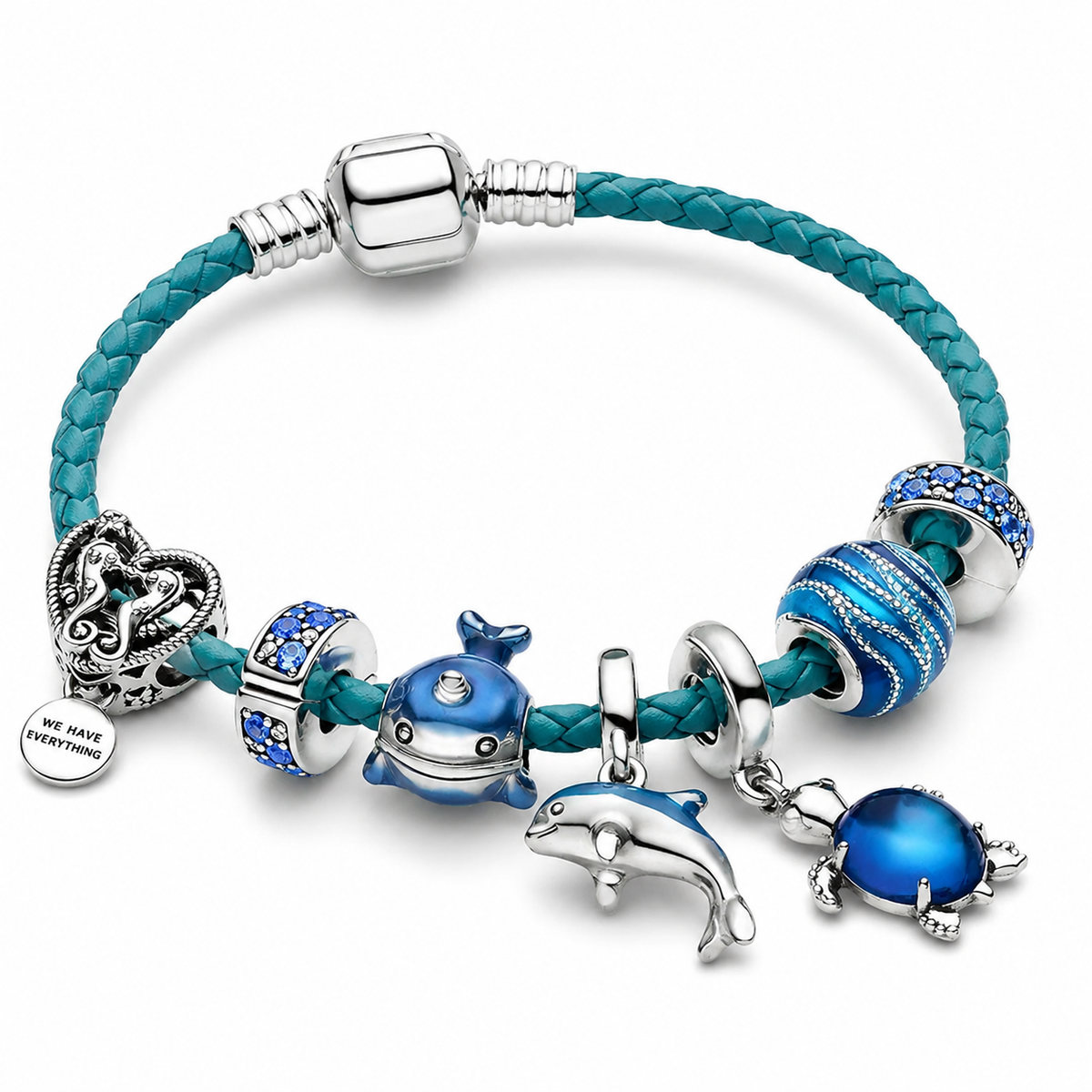 Océano – bracelete em couro e prata com charms marinhos