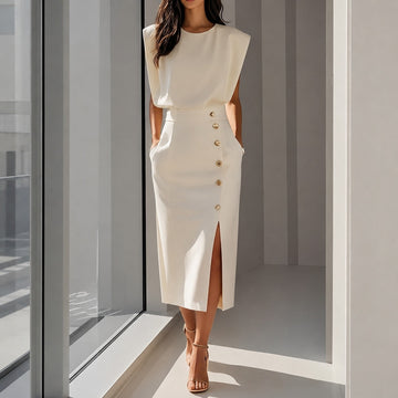 Ruth - Vestido Elegante Midi com Fenda