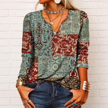 Katharina - Blusa estilo boho com mangas longas e decote em V