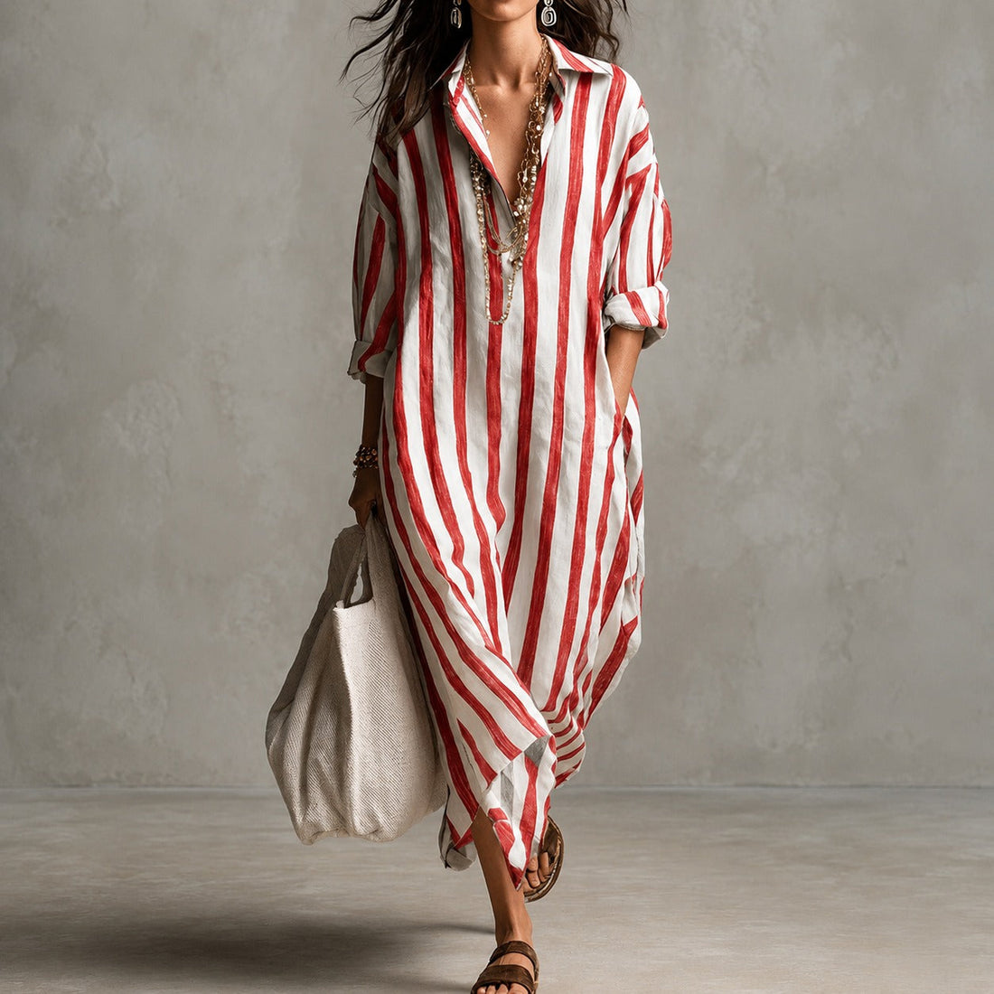 Elysia - Vestido Camisa Solto de Manga Longa