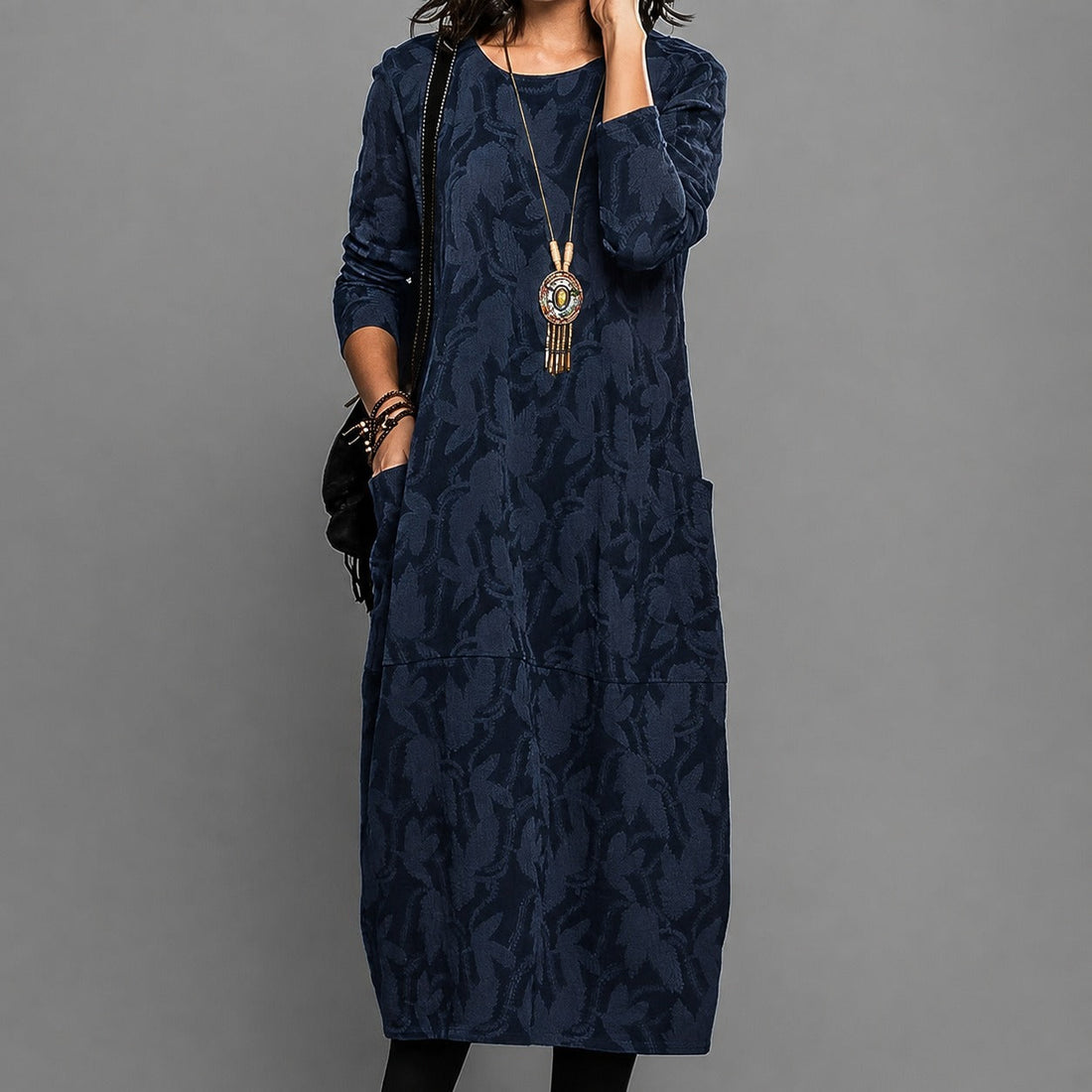 Alisha - Vestido midi estampado com mangas longas