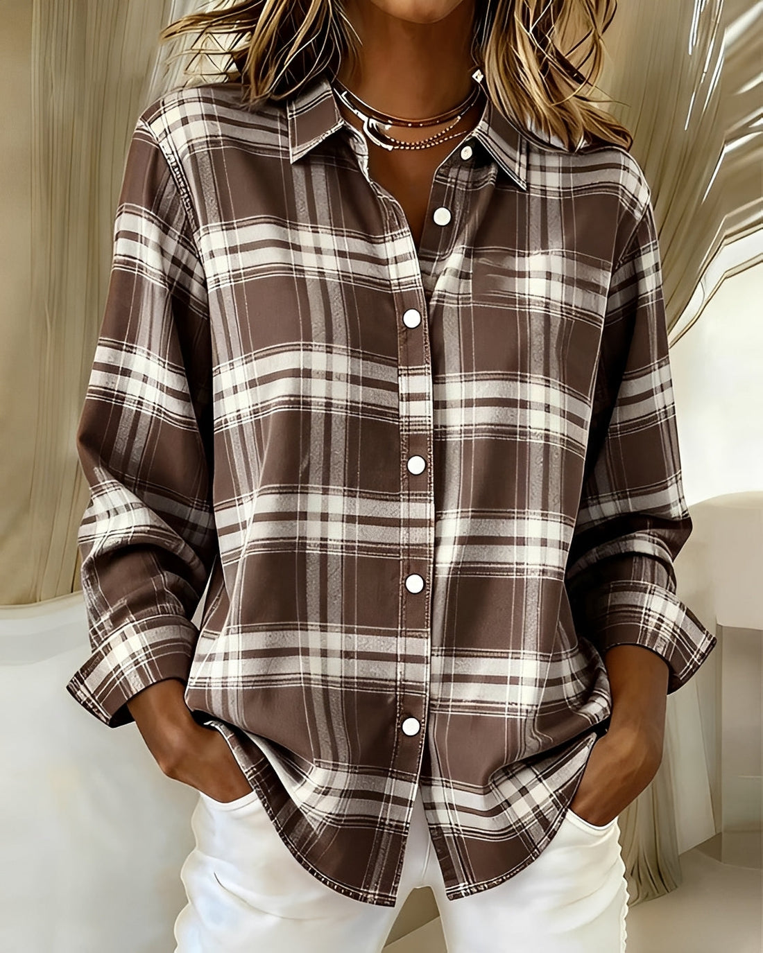 Eliza - Camisa Casual de Manga Longa com Estampa Xadrez