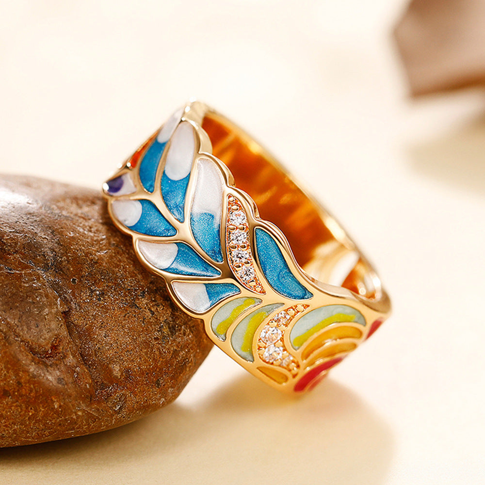 Margaux – Bague em motivo dourado cerâmica azul e branca