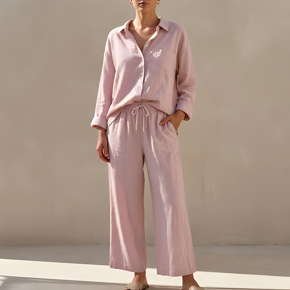 Genzel - Conjunto camisa abotoada e calça para mulher