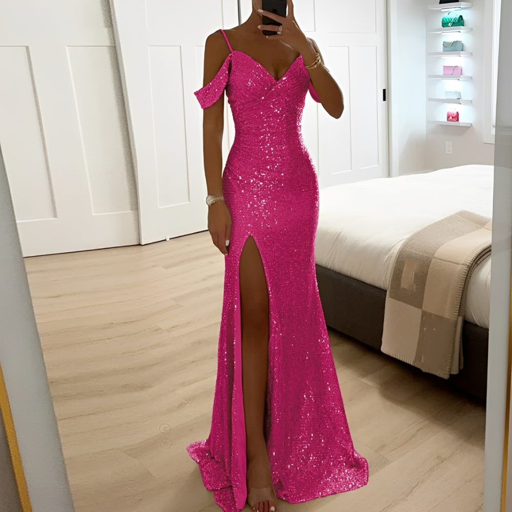 Lorena – Vestido de Festa para Damas com Brilho, Ombros Descobertos e Fenda