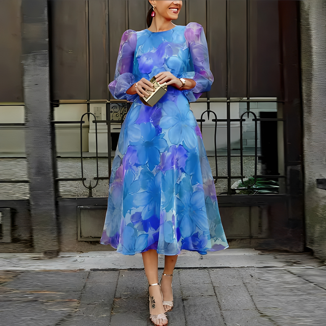 Elvie - Vestido elegante com flores e mangas longas para mulher