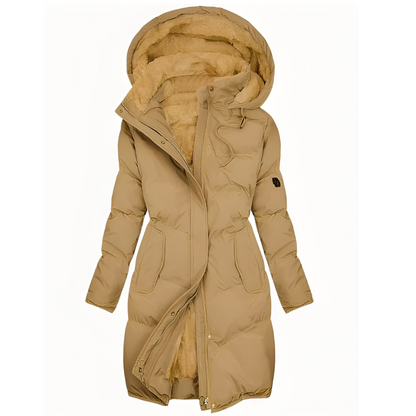 Stephanie - Modern, padded cashmere coat with hood for women