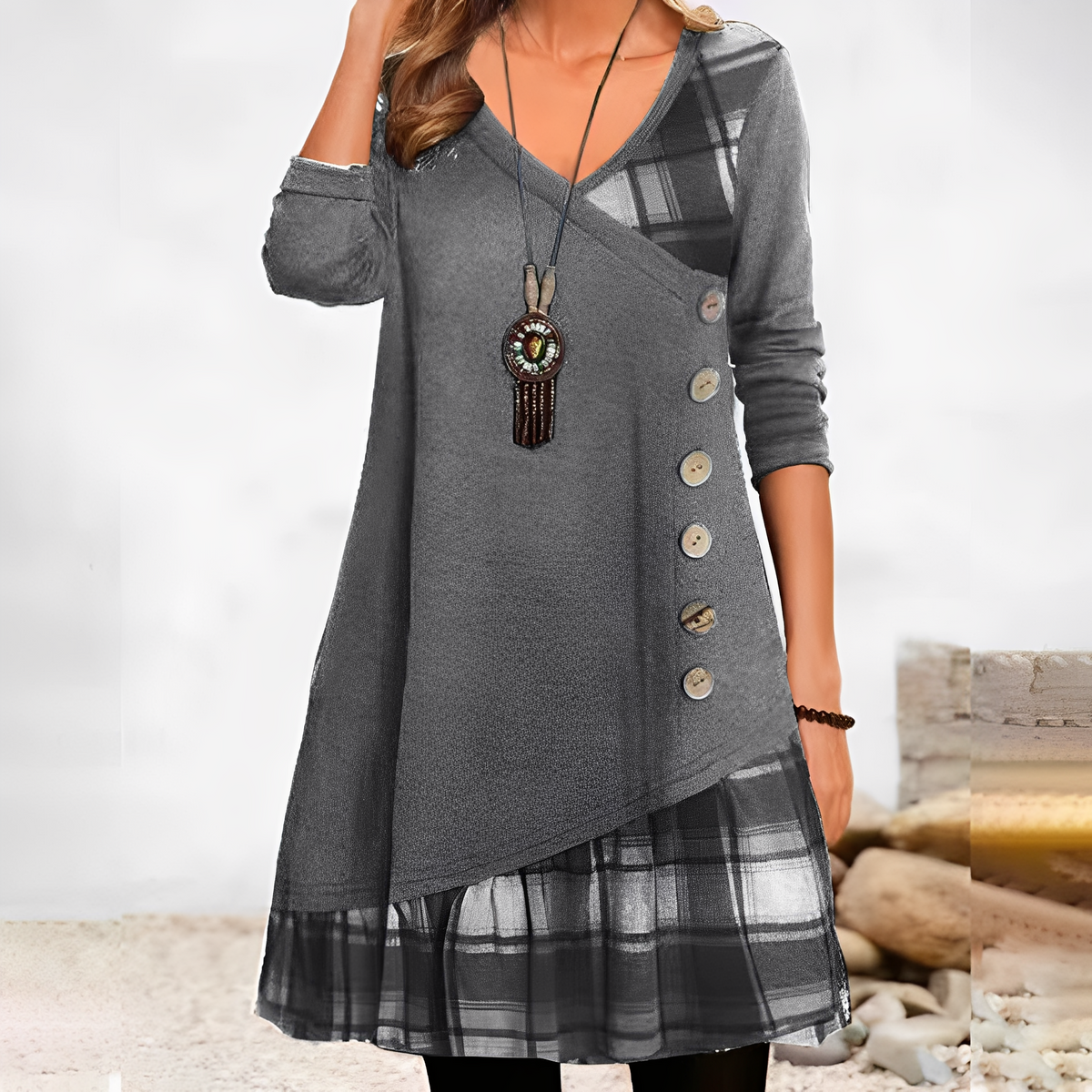 Shawnee - Vestido casual com design de patchwork e xadrez para mulheres