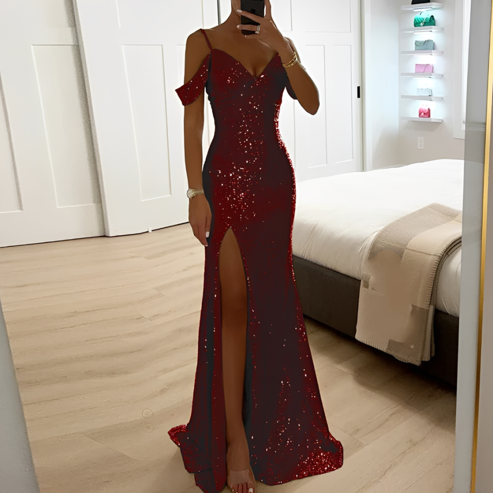 Lorena – Vestido de Festa para Damas com Brilho, Ombros Descobertos e Fenda