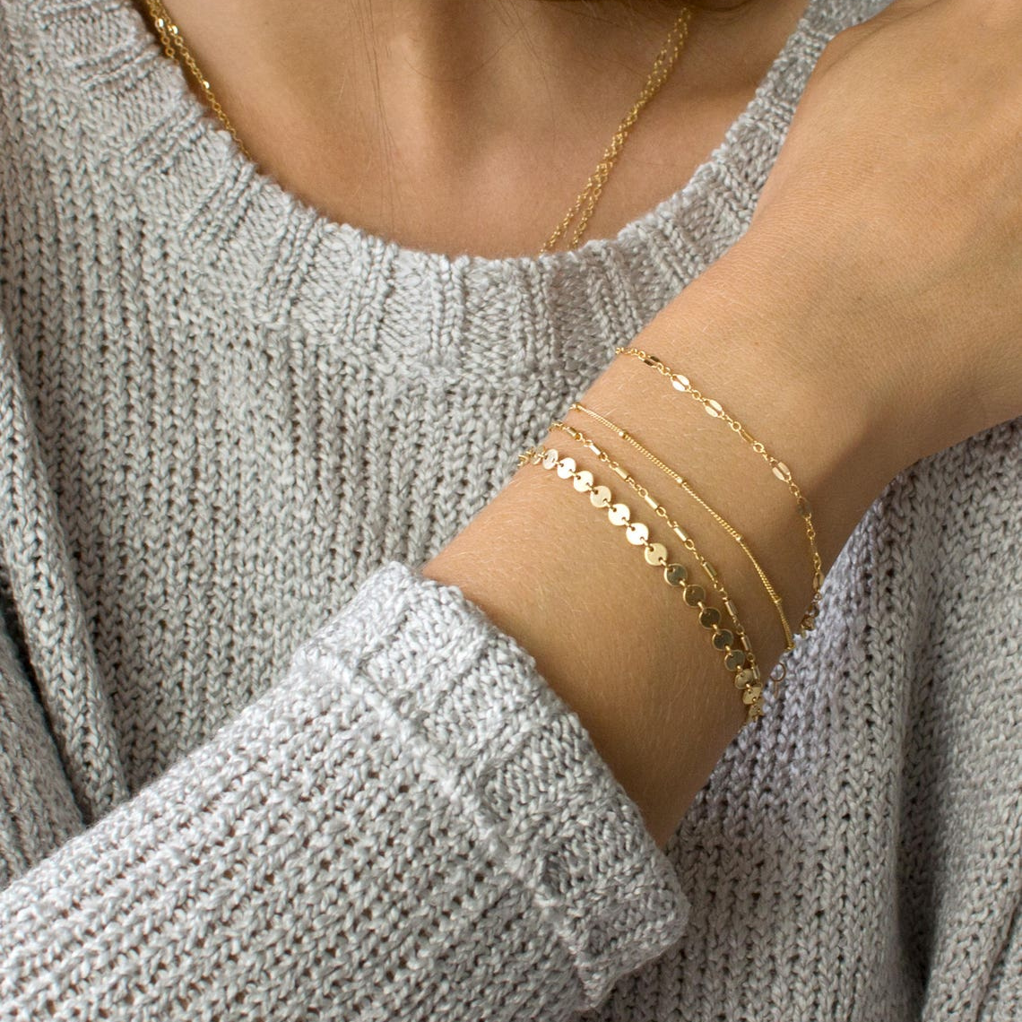 Bracelete de discos de corrente tubular - Conjunto de braceletes em camadas
