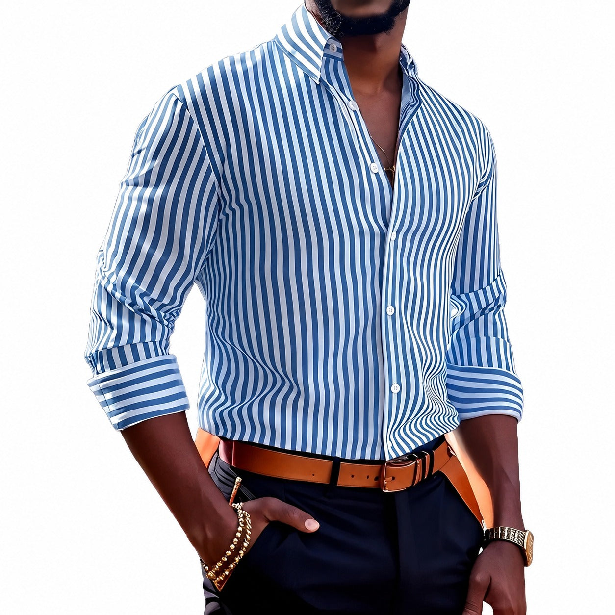 Brycen - Camisa listrada de manga longa estilosa para homens