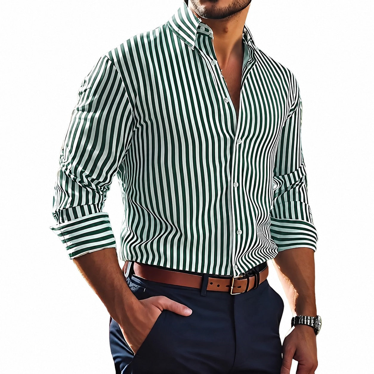 Brycen - Camisa listrada de manga longa estilosa para homens
